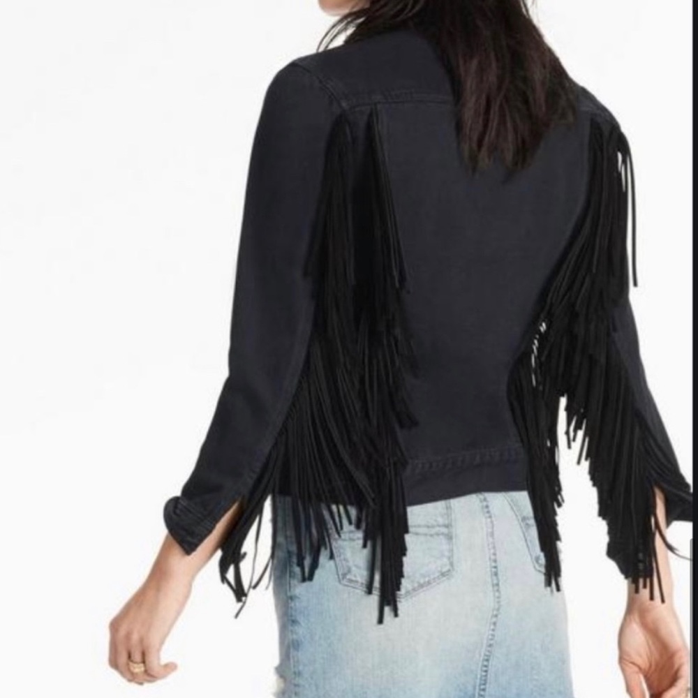 Lucky Brand jean jacket with leather fringe, no tag but never worn/ size S